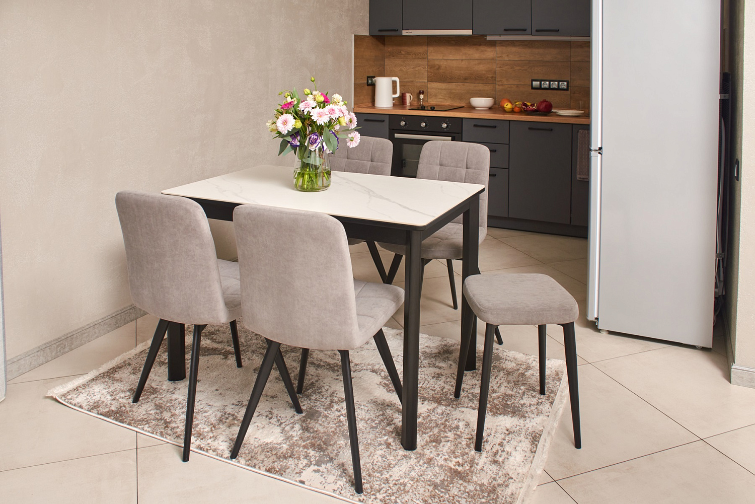 Стол Римини-1L, 110(+45)*700*750 царга черн./лам Светлый бетон +нога№9(черная)