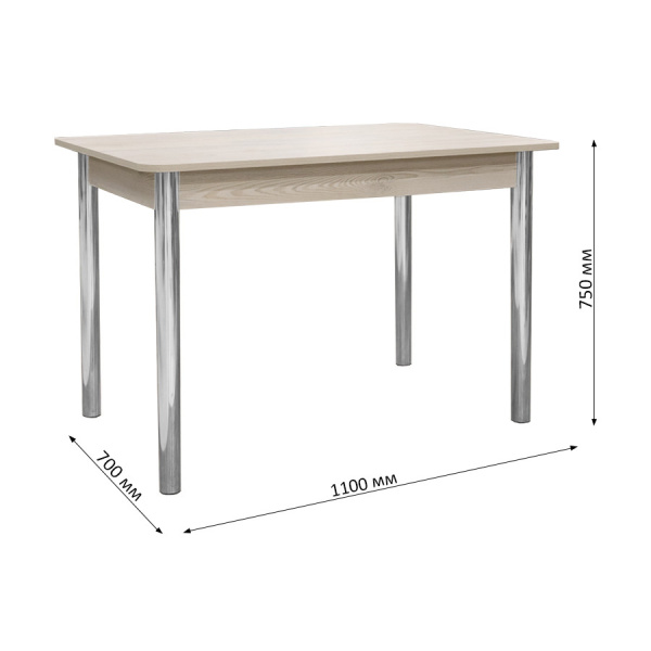 Стол обеденный (1100х700х750) сосна лофт/опора D50 "труба" хром